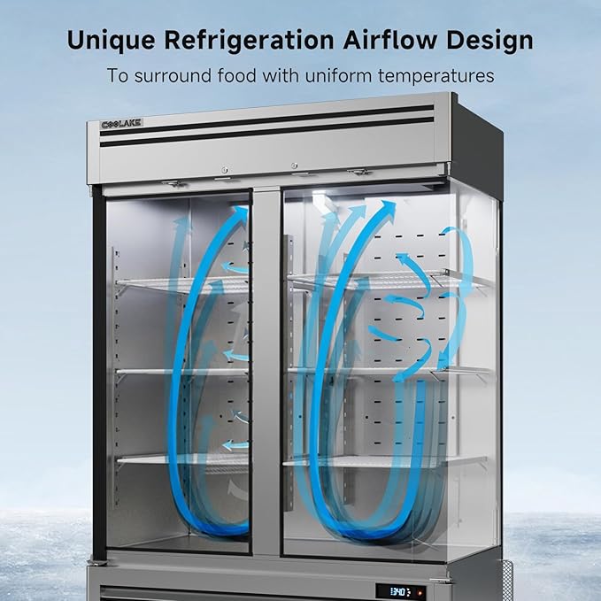 Coolake 49 Cu Ft Commercial Refrigerator, 54.4" W 2 Door Upright Fridge with 8 Adjustable Shelves, Frost-free Stainless Steel Industrial Reach-in Refrigerator for School Restaurant Church Prep Kitchen