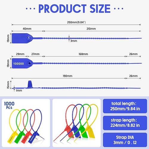 1000 Pcs Plastic Tamper Seals Fire Extinguisher Tags Security Tags Seals Safety Numbered Zip Ties Labels Safety Disposable Self Locking Signage 250 mm Length (Colorful)
