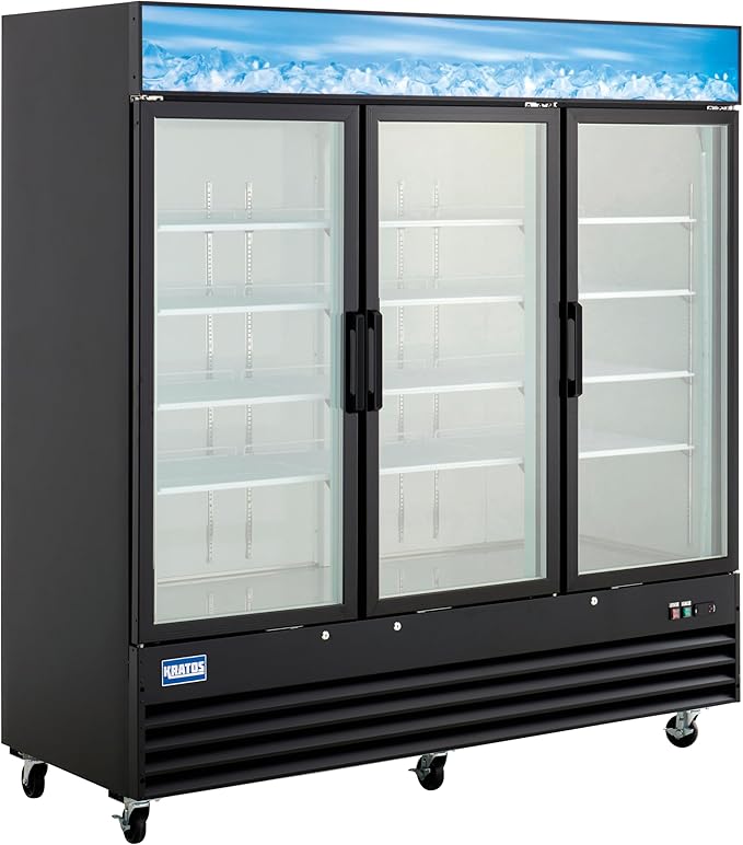 Kratos Commercial Three Door Merchandising Refrigerator, Large Swing Glass Door Black Mobile Display Refrigerator for Markets and C Stores, 78" Wide, LED Lighting, 115V (67K-212)