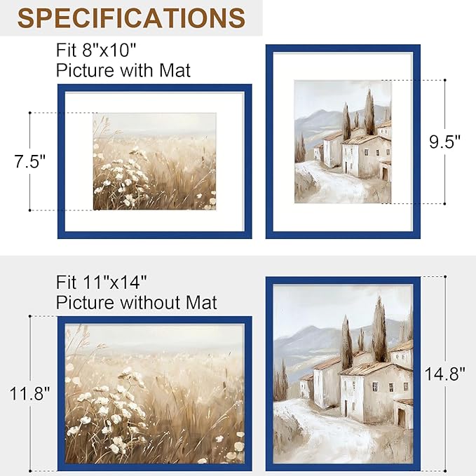 Vittanly 11x14 Picture Frame Set of 2, Solid Wood Frame for Wall Art Photo and Prints, Display Photo 8x10 with Mat or 11x14 without Mat, Royal Blue