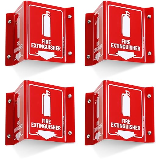 SmartSign (4-Pack) Fire Extinguisher Projecting Sign with Down Arrow - 5" x 6", Two-Sided Wall Mount Polished Acrylic Corridor V-Sign, White on Red