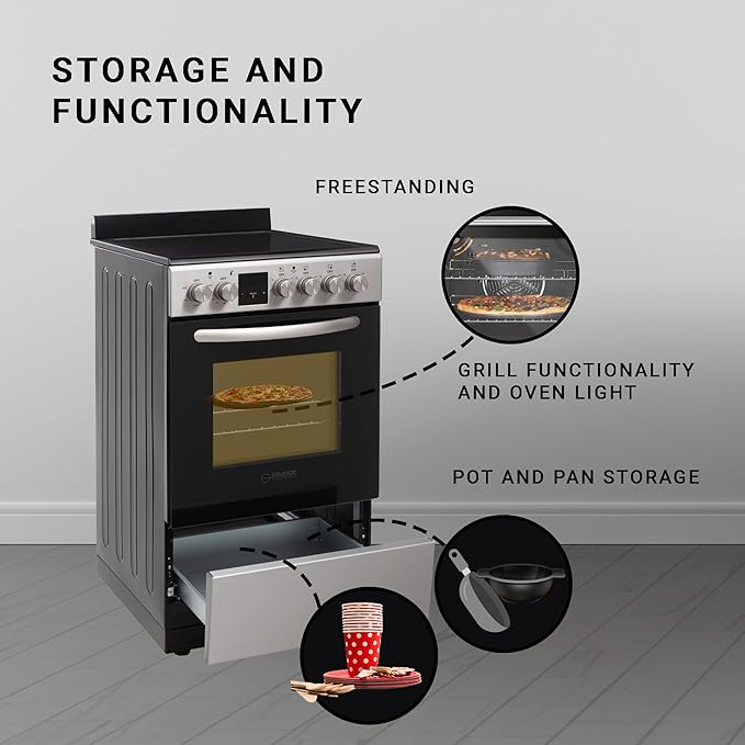 Equator ECR 204 20" Electric Range in STAINLESS – 4 Ceramic Burners, Convection Oven & Air Fry Function, Compact Freestanding Electric Stove for Apartments, Condos & Tiny Kitchens