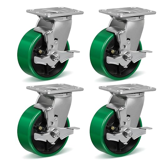 5 Inch Caster Wheels Heavy Duty, Polyurethane on Steel Wheel, Set of 4 Industrial Casters Load 4000lbs, Plate Caster for Carts, Pallet Trucks, Industrial Equipment(4 Pack Brake)