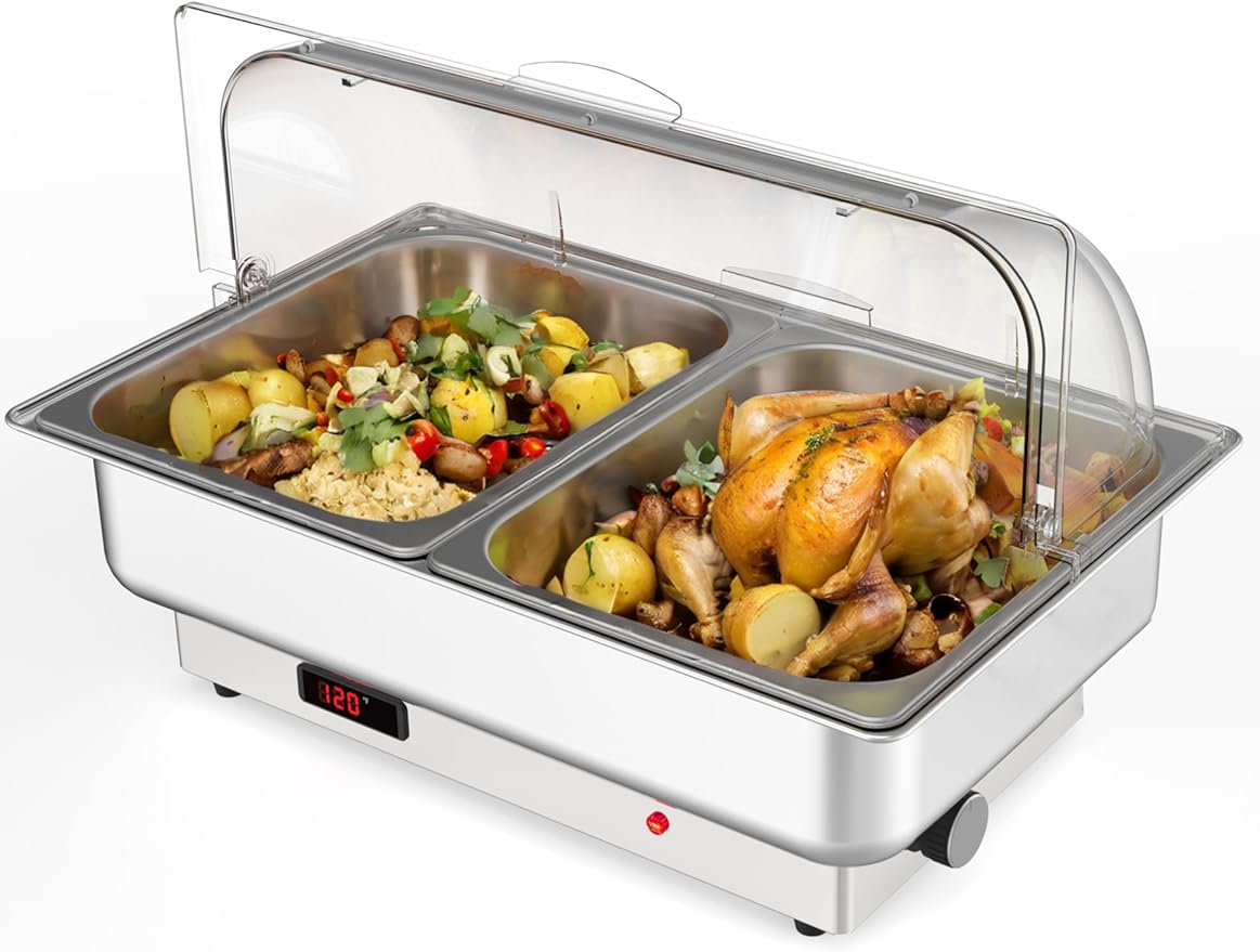 Rectangular Chafing Dish Electric Buffet Set with Temperature Control, 2 x 4.5QT Half-Size Stainless Steel Food Servers and Warmers with Transparent Lid for Catering Wedding and Parties