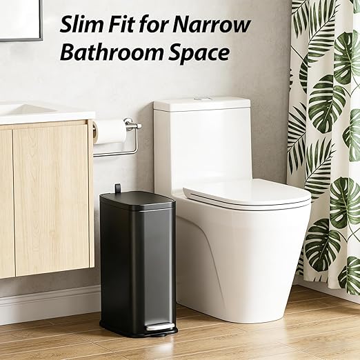 1.6 Gallon Bathroom Trash Can with Lid Step Pedal, Soft Close, Small Black Stainless Steel Garbage Can with Removable Inner Bucket, Slim Fit for Narrow Spaces Bedroom Office