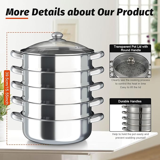 5-Tier Stainless Steel Steamer, 30cm Stainless Steel Multipurpose Steaming Pot Cookware, Multi-Functions Domestic Commercial Large Steamer for Induction Cookers, Electric Ceramic Stoves