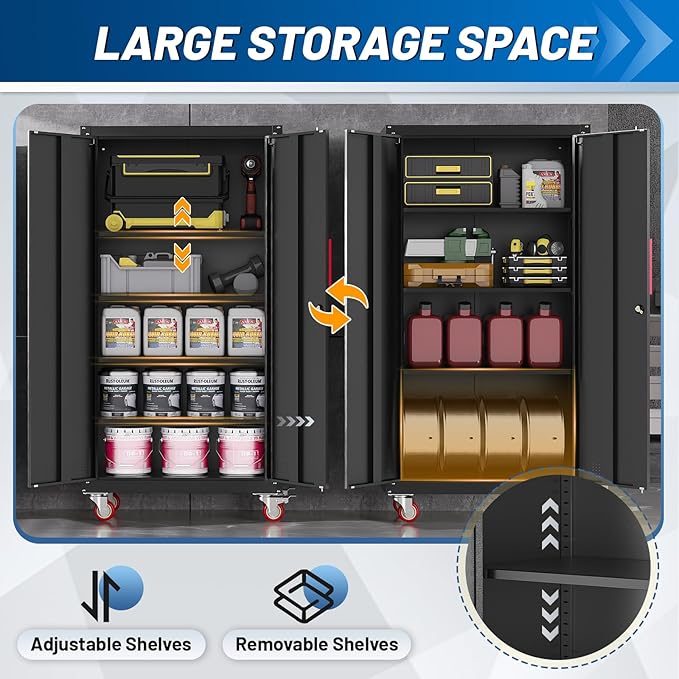 Metal Storage Cabinet with Wheels,71" Garage Cabinets with 4 Adjustable Shelves and Lockable Doors,Black Locking Cabinet Suitable for Garages,Home,Office