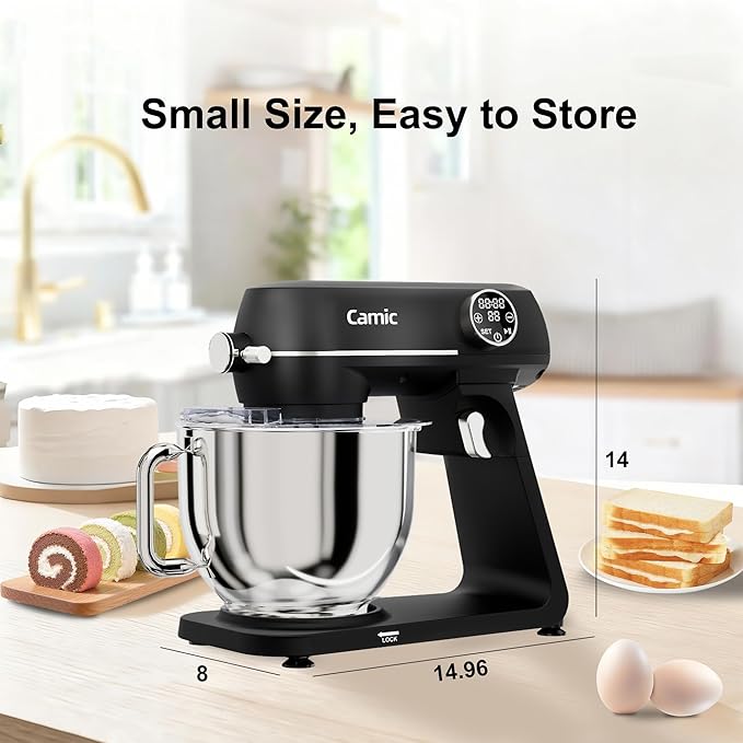 Camic 8.45 QT All Metal Stand Mixer,10 Speed Large Capacity Kitchen Mixer with Digital Timer & Tilt-Head, Electric Mixer with Whisk Dough Hook Mixing Beater for Baking,Cakes,Cookie,Bread,Salad(BLack)