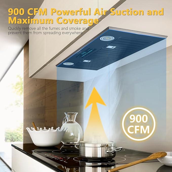 Range Hood Insert 30 Inch, KMB02-30 900 CFM Built-in Range Hood, Stainless Steel Kitchen Vent Hood with 4-Speed,Ducted/Ductless Hood Range with Bright LED Lights, Smart Control Panel, Black