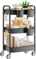 YASONIC 3 Tier Rolling Cart - Metal Utility Cart with Wheels, Hanging Cups, Hooks, Heavy Duty Mesh Rolling Storage Cart Organizer, Craft Cart for Kitchen Office, Lightweight and Sturdy