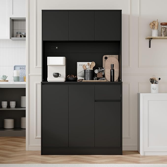 71" Tall Black Kitchen Pantry Cabinet with 6 Doors & Power Outlet, Freestanding Storage Hutch with Countertop, Adjustable Shelves for Dining Room, Laundry Room