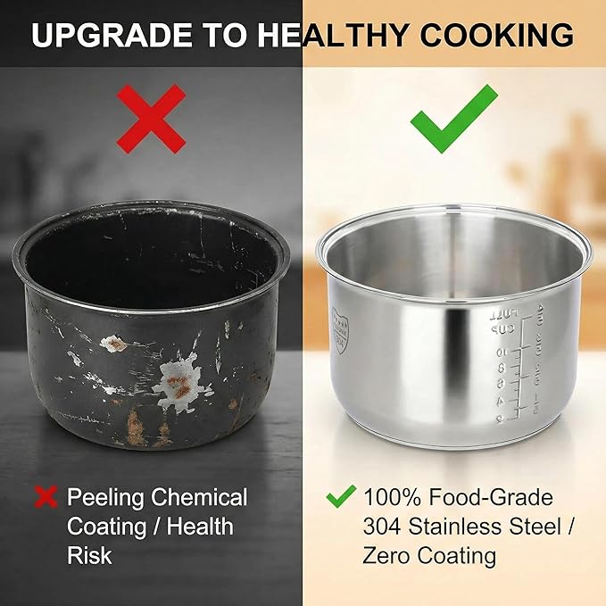Rice Cooker Replacement Pot, Compatible with Tiger JBV-A18U and Aroma ARC-5000SB, 304 Stainless Steel Uncoated Inner Liner, Easy to Clean & Dishwasher Safe Insert