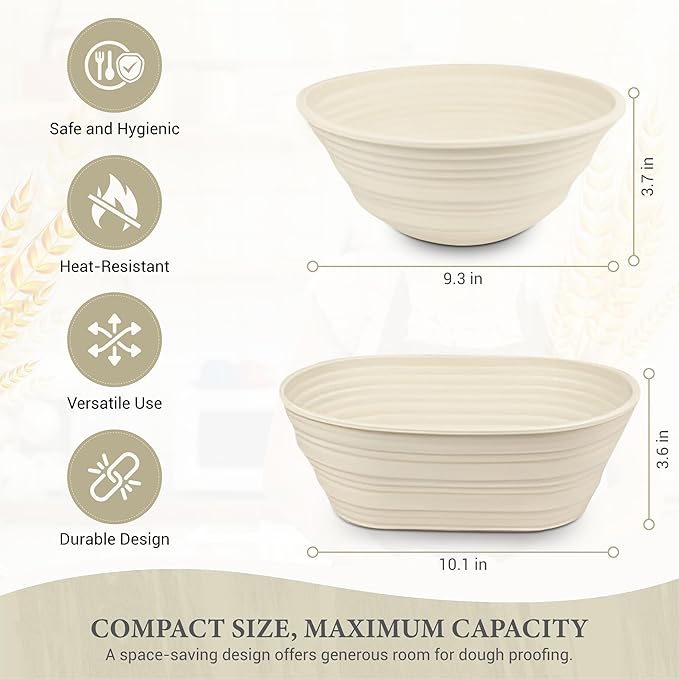 Premium Foldable Silicone Sourdough Banneton Bread Proofing Basket - Includes Oval & Round proofing Bowls (9.5 Inch) - Oven & Dishwasher Safe, Gifts for Artisan Bakers - Beige