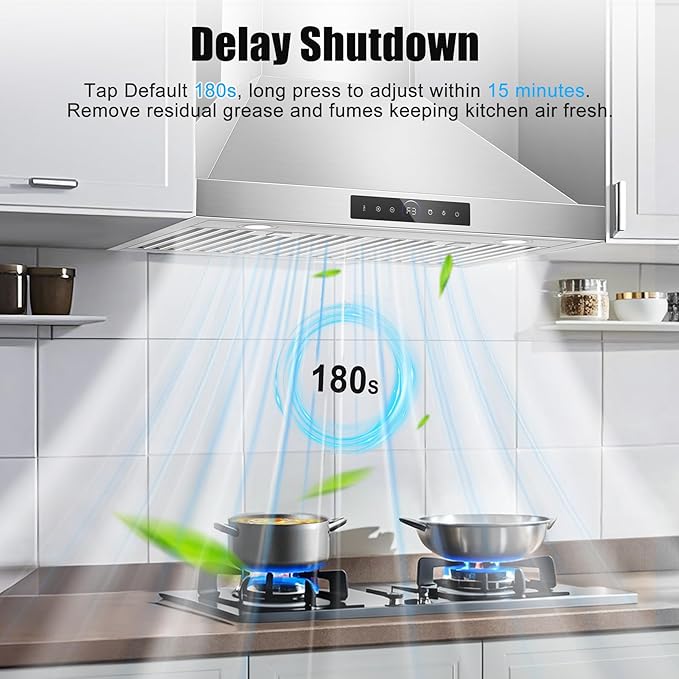 30 inch Range Hood Wall Mount, 1200 CFM with 4-Speed Gesture Sensing & Touch Control, Stainless Steel Ducted Kitchen Stove Vent Hoods with 2 LED Lights, Time Setting, Dishwasher-Safe Baffle Filters