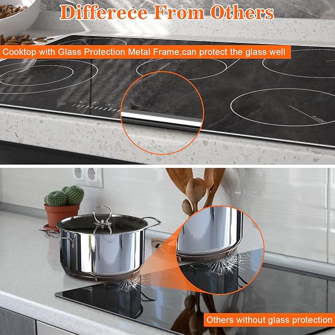 Karinear Electric Cooktop 30 Inch, 8400w 5 Burners Electric Stove Top, Built-in Ceramic Cooktop with Glass Protection Metal Frame, Multifunctional Stove for 220-240v, Hard Wire, No Plug
