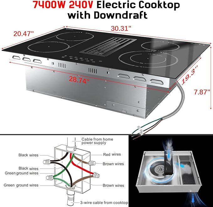 Karinear 30 Inch Downdraft Electric Cooktop with Ventilation System, 4 Burner 7400W Ceramic Glass Stove Top, BBQ Bridge Element & Dual Ring Burner, 9-Speed Fan, Timer, Child Lock, 240V(Ductless Mode)