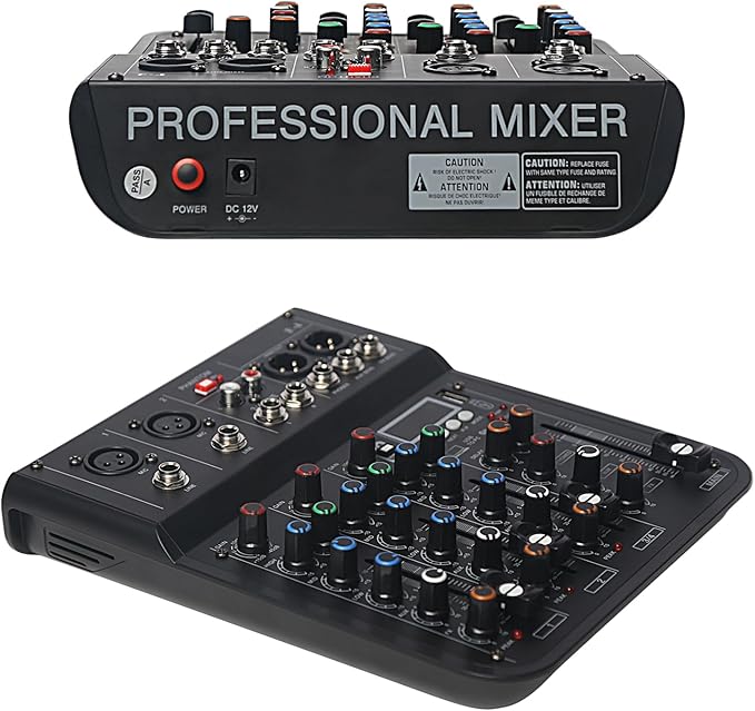 4 Channel mixer, DJ Mixer Board with Bluetooth and Usb, Audio Sound Card with Interface Recording and 48V Phantom Power, Sounds Mixer Board with FX Reverb Delay Effect for Streaming
