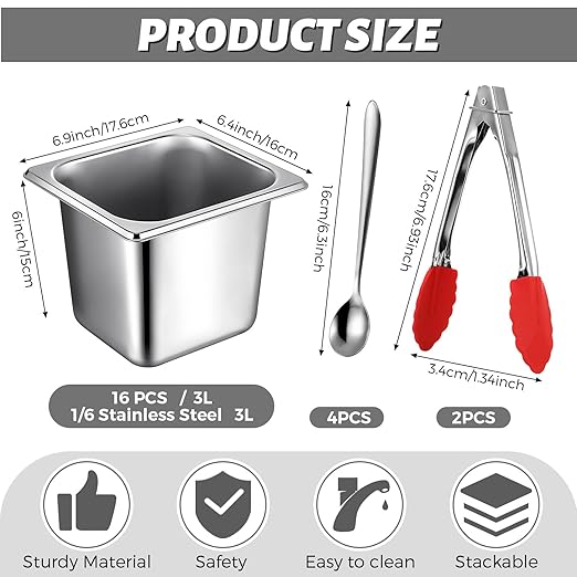 Rtteri 22 Pcs 1/6 Size 6 Inch Deep Stainless Steel Hotel Pans Set: 16 Metal Buffet Steam Table Pans with 2 Tongs & 4 Spoons – Stackable & Anti Jam, Commercial Restaurant Catering Kitchen Food Prep