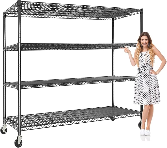 GarveeLife 74" H Storage Shelves with Wheels 2640 LBS Heavy Duty Metal Shelving 4-Tier Wire Shelving for Corner Storage Rack Adjustable Pantry Shelf for Kitchen Pantry, 74" H x 59" W x 24" D