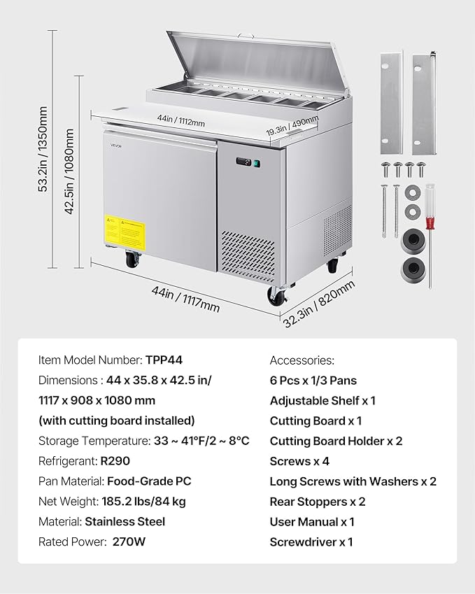 VEVOR Commercial Refrigerator, 44" W Pizza Prep Refrigerated Table, 19.3" Ultra Wide Countertop Food Prep Cooler, 11 Cu.Ft Single Door Salad Prep Fridge, 6 Pans Pizza Make Worktop with Cutting Board