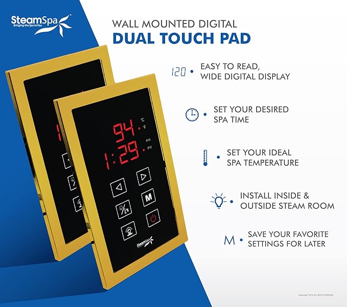 SteamSpa Executive 12 KW QuickStart Acu-Steam Bath Generator Package with Built-in Auto Drain and Install Kit in Polished Gold, Steam Generator Kit with Dual Control Panel Steamhead 240V EXT1200GD-A