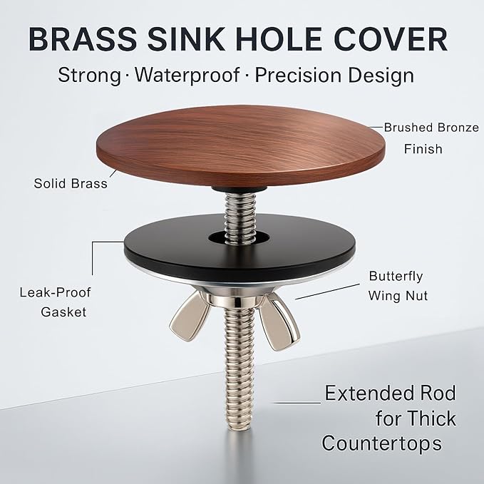 2 Pcs Solid Brass Kitchen Sink Hole Cover, 2 Inch Faucet Hole Cover, Brushed Bronze Finish Tap Hole Plate Stopper Cover, Countertop Hole Cover for Kitchen and Bathroom Sinks (Brushed Bronze)