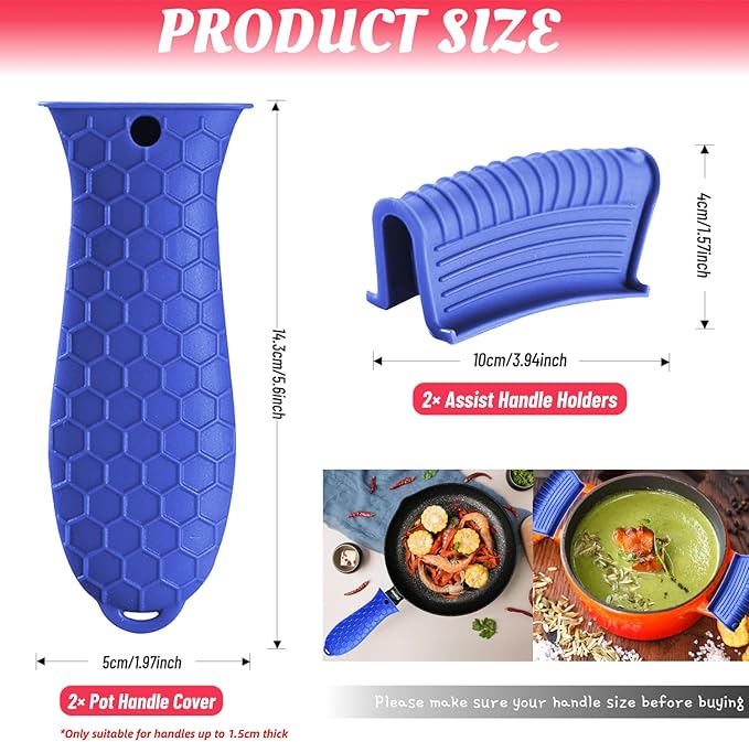 4 Pack Silicone Hot Handle Holder Cover Cast Iron Handle Cover Silicone Pot Holders Heat Resistant Assist Pan Handle Sleeve Non-Slip Pot Handle Covers for Cast Iron Skillet Metal Pan(Blue)