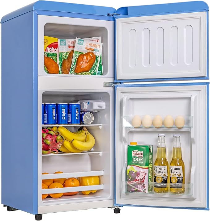 Anukis Compact Refrigerator with Freezer, 3.2 Cu.Ft 2 Door Mini Fridge for Apartment, Dorm, Office, Family, Basement, Garage - Retro Blue