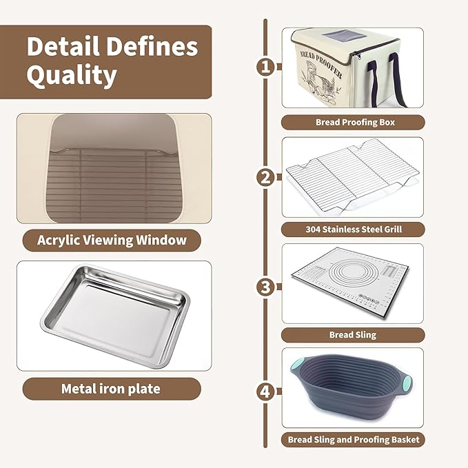 Bread Proofing Box with 50-130℉ Temp Control & 48H Timer, Folding Bread Proofer with Silicone Sling, Proofing Basket, 304 Stainless Steel Rack and Metal Plate for Dough, Sourdough, Pizza