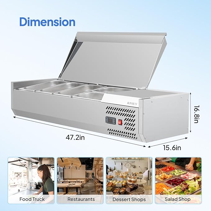 ROVSUN 47" Refrigerated Condiment Prep Station Sandwich Prep Table ETL NSF, 25.1QT Salad Bar Prep Rail w/Auto Defrost Temp Control Stainless Steel Cover 3 1/3 Pan & 2 1/4 Pan for Restaurant Food Truck