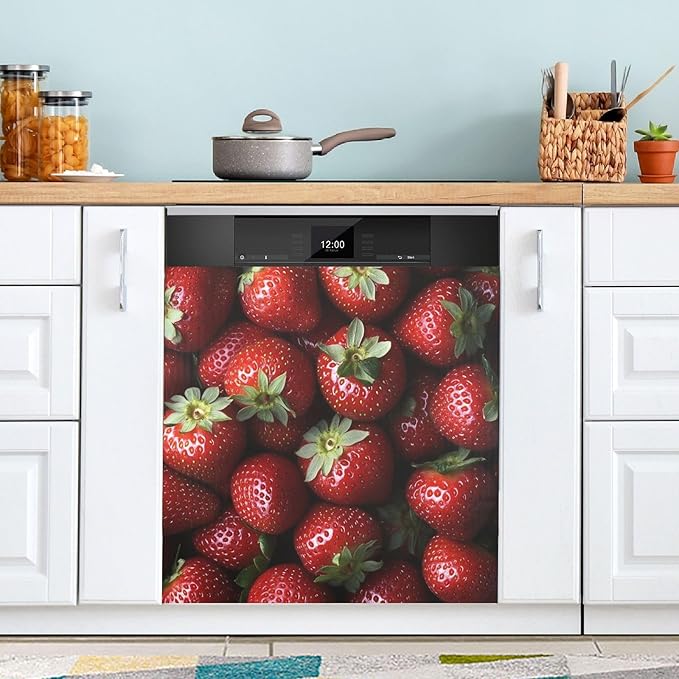 Strawberry Fruit Red Dishwasher Magnet Cover for Front Panel Magnetic Dishwasher Cover Decorative Refrigerator Magnet Covers Appliances Stickers for Kitchen Decor, 23" x 26"