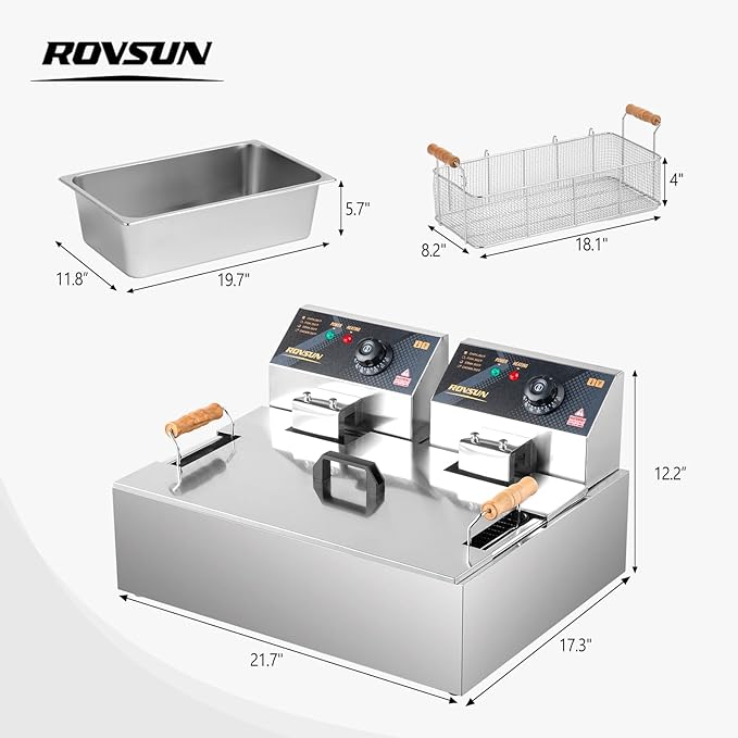 ROVSUN 23.8Qt Commercial Deep Fryer Countertop, Electric Deep Fryer with Basket, Lid & Adjustable Temp, Stainless Steel Kitchen Fat Fryer Frying Machine for French Fries Turkey Onion Rings 5000W