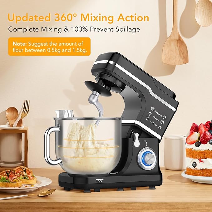 7.5 QT Stand Mixer, 10-Speed Tilt-Head Electric Dough Mixer with Stainless Steel Bowl, Includes Dough Hook, Wire Whisk, and Beater, with Splash Guard for Home Cooks, Black