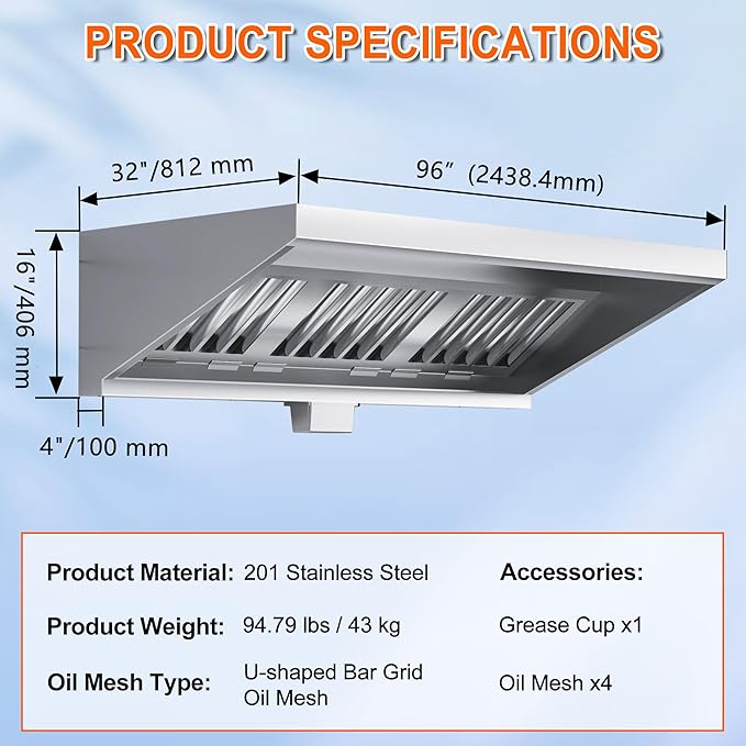 Food Truck Low Profile Exhaust Hood System Includes a 8FT Commercial Kitchen Exhaust Hood and an 1HP Restaurant Hood Grease Rated Roof Exhaust Fan