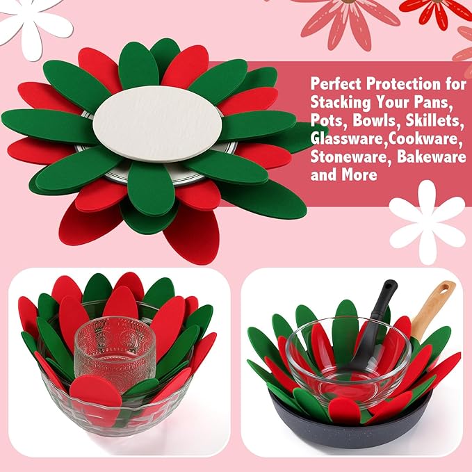 Queekay 12 Pcs Felt Pot and Pan Protectors 12/14/16 Inch Larger Thicker Pan Protector Pads, Colorful Pot Separators for Stacking Cookware Organizing Protecting (Red Green·)