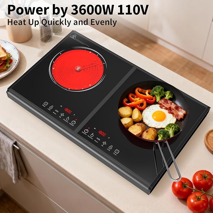 VBGK Electric Cooktop, 110V 3600w Stove top, 20 inch Countertop with 9 Power Levels, LED touch control Overheat Protection, Child Safety Lock & Timer, touch control 2 burer Electric cooktop