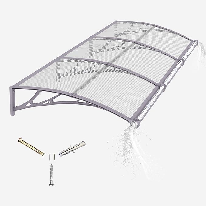 Awning for Door Entrance with Drainage Sink,32x120 Inch Awnings for Doors,Window Canopy Exterior with Plastic Steel Bracket,Polycarbonate Cover,UV,Rain,Snow Protection for House,Porch,Patio,Deck