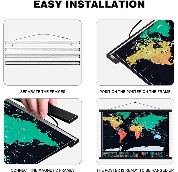 Magnetic Poster Hanger, 39x27 39 x 13 39x23 Poster Frame Wood Wooden Magnet Print Posters Dowel Scroll Hanger Hangers Hanging Kit for Walls Map Canvas Artwork (Black, 39")