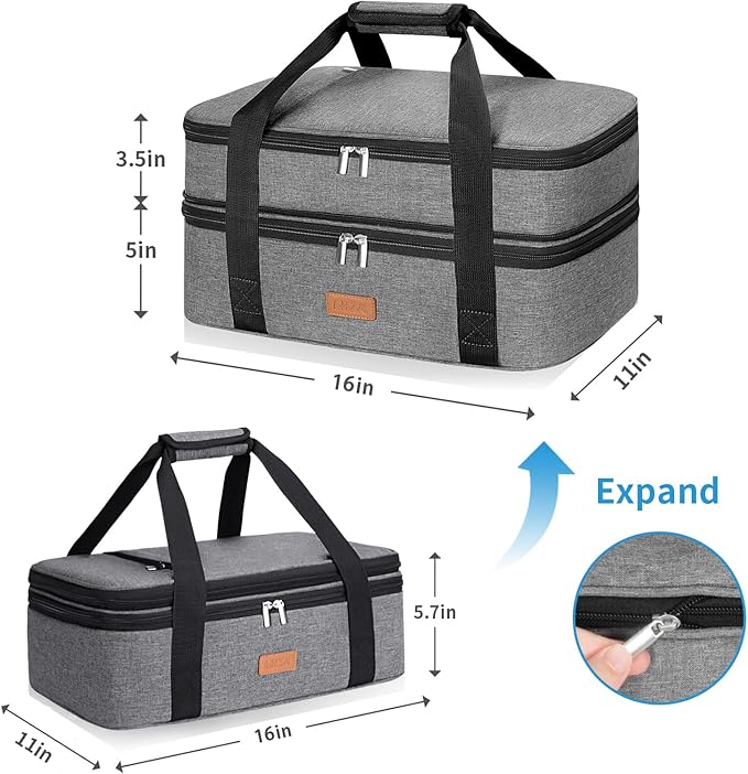 LHZK Insulated Casserole Carrier - Expandable Holder Tote for Hot or Cold Food, Fits 11 x 15 or 9 x 13 Baking Dishes - For Potlucks, Picnics, Beach (Grey)
