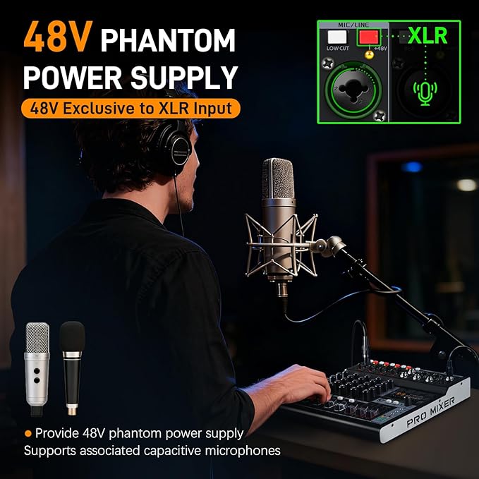 RM06 6Channel Audio Mixer Sound Board, Bluetooth Mixer USB Audio Interface, DJ Mixer with 2 XLR Combo Inputs, 24 Bit 192kHz Recording, Mixing Console for Podcast Live Streaming Home Studio