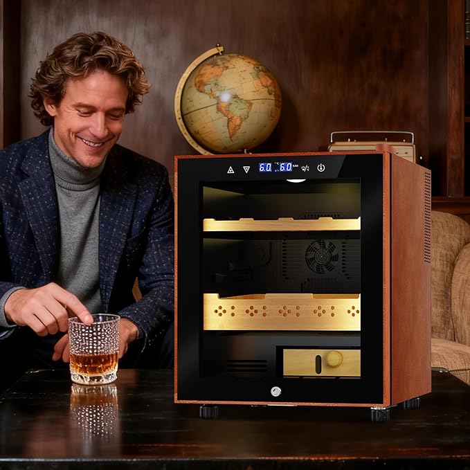 Electric Humidor with Leather-50L Cooling & Heating Humidor, Smart Touch Control Humidity & Temp, Humidors wtih Spanish Cedar Wood Tray, Digital Display, Safety Lock, Desktop Gift for Men