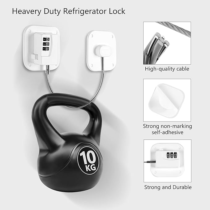 Refrigerator Lock, Heavy Duty Fridge Lock, Combination Lock for Refrigerator Cabinets, Drawers, Safety, Easy Install No Keys Needed (White-2Pack)