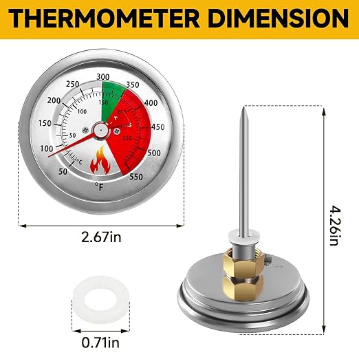 5070 Fryer Thermometer Replacement for Bayou Classic Deep Fryer, Stainless Steel Design Tempered Glass Dial Face w/ 50˚- 550˚F Range Fit for Bayou 2.5-gal, 4-gal, and 9-gal Fryers