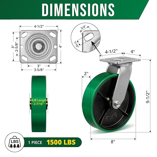 8 Inch Caster Wheels, Heavy Duty Caster with Strong Load-Bearing, Polyurethane Wheel on Steel Hub, Supports 1500 lbs Each(2 Pack Swivel)