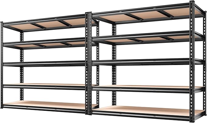 REIBII 48" W Garage Shelving 3020LBS Storage Shelves 5 Tier Industrial Shelving Adjustable Metal Storage Shelves for Garage, Basement, Warehouse, Commercial, Easy Assemble, 48" W x 72" H x 24" D, 2PC