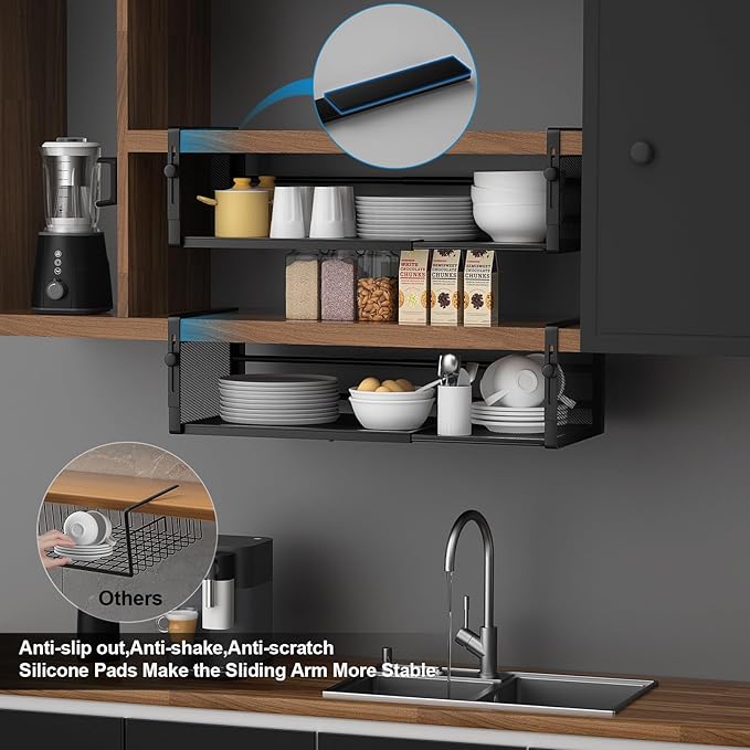 2Pack Under Shelf Basket, Adjustable Hanging Under Cabinet Shelf Storage, Hanging Holder Length Stretchable 14.9-22.6Inch for Kitchen Pantry Desk Counter Bookshelf Cupboard (Black)