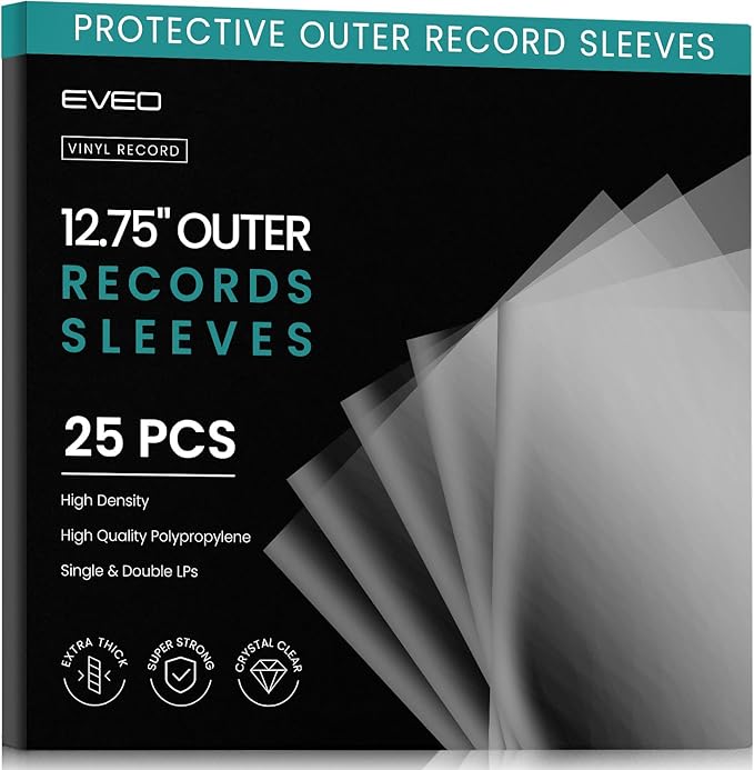 EVEO 25 Vinyl Record Sleeves Outer – Crystal Clear Outer Vinyl Sleeves LP Album Covers 12.75"x12.75" | Perfect Fit Protective 3 Mil Protection for Single & Double LPs - Archival Quality