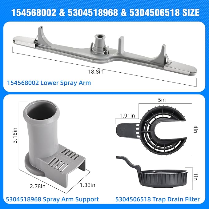 154568002 Dishwasher Lower Wash Arm and 5304518968 Dishwasher Lower Spray Arm Support and 5304506518 Trap Drain Filter Support for Frigidaire Electrolux 1545680 5304517203 154568001 154414101 (Grey)