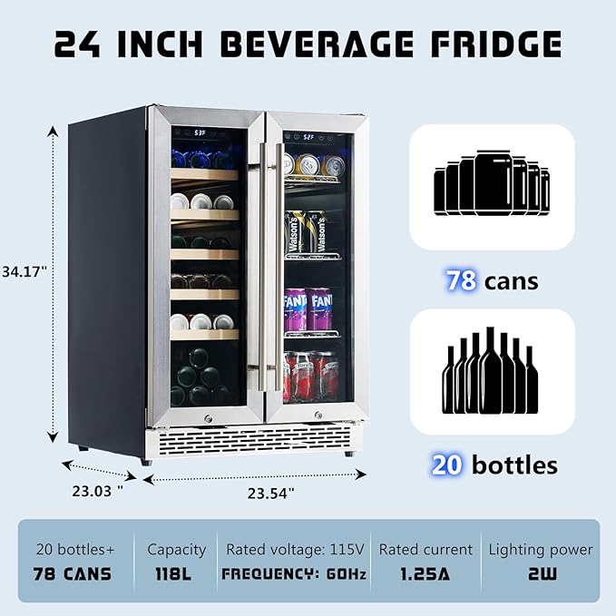 Jocisland Beverage Refrigerator, 24-Inch Dual Zone Fridge Cooler with Glass Door, Built-In or Freestanding for Wine and Beer, Holds 20 Bottles & 78 Cans, 34–64℉ & 41–68℉ for Kitchen, Bar, Office