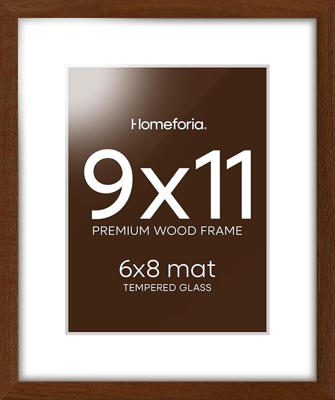 Homeforia 9x11 Picture Frame Brown, High End Dark Oak 9 x 11 Walnut Wooden Frames with Mat 6 by 8 Photo, 11x9 Wood Frame Matted to 6x8 Print, Wall or Tabletop Frame, Tempered Glass, Wall Kit, Set of 1